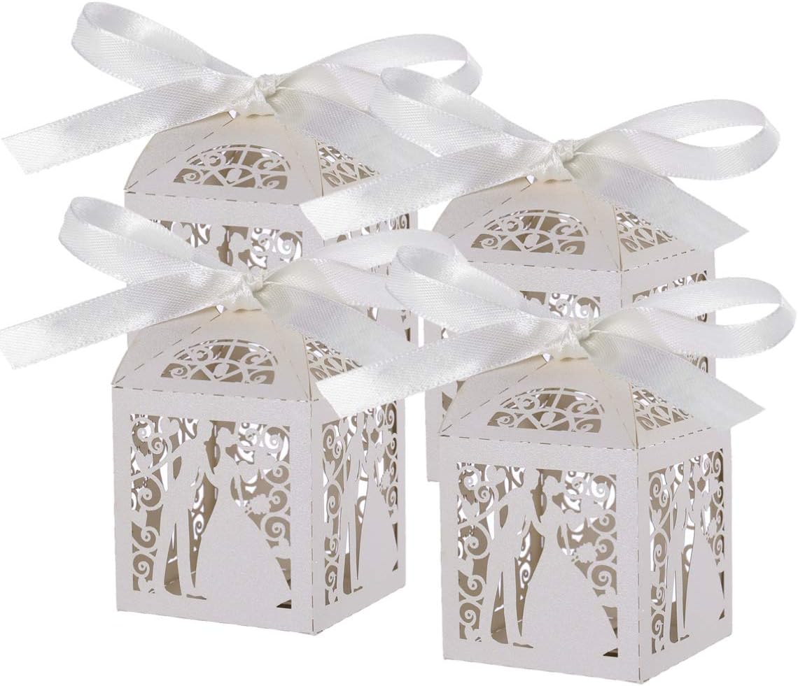 OSALADI 100pcs Wedding Sweets Candy Favor Gift Boxes with Ribbon Wedding Candy Boxes Chocolate Treat Gift Boxes, Couple Design, White