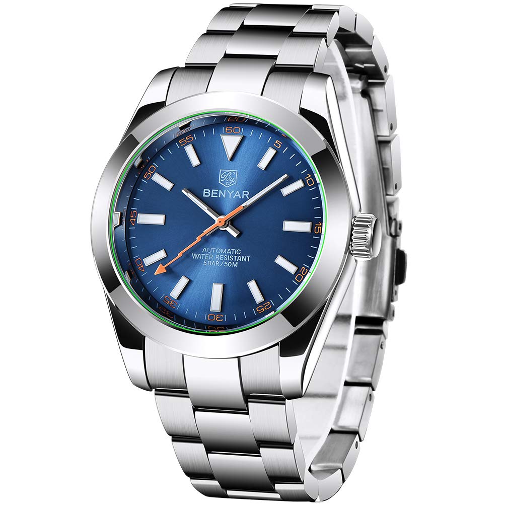 Benyar Men's Elegant 41MM Automatic Mechanical Watch Waterproof Stainless Steel Strap Luminous Casual Business Analog Wristwatch (5176-Electric Blue)