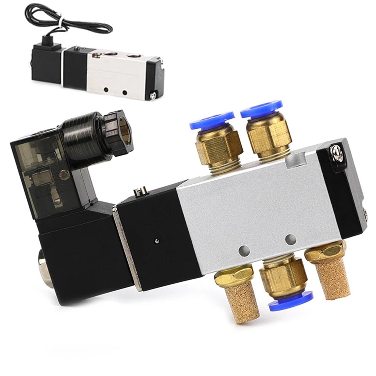 4V110-06 1/8 Air Solenoid Valve PNEUMAT VALV 5 Way Port 2 Position Gas Pneumatic Electric Magnetic Valves DC12V 24V 110V 220V(Wire W 8mm Fittings,Silver)