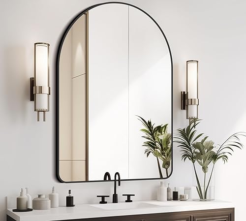 FEUKNY Espejo de tocador arqueado de 22 x 30 pulgadas, espejo de pared con marco negro para baño, espejo de decoración del hogar para dormitorio,
