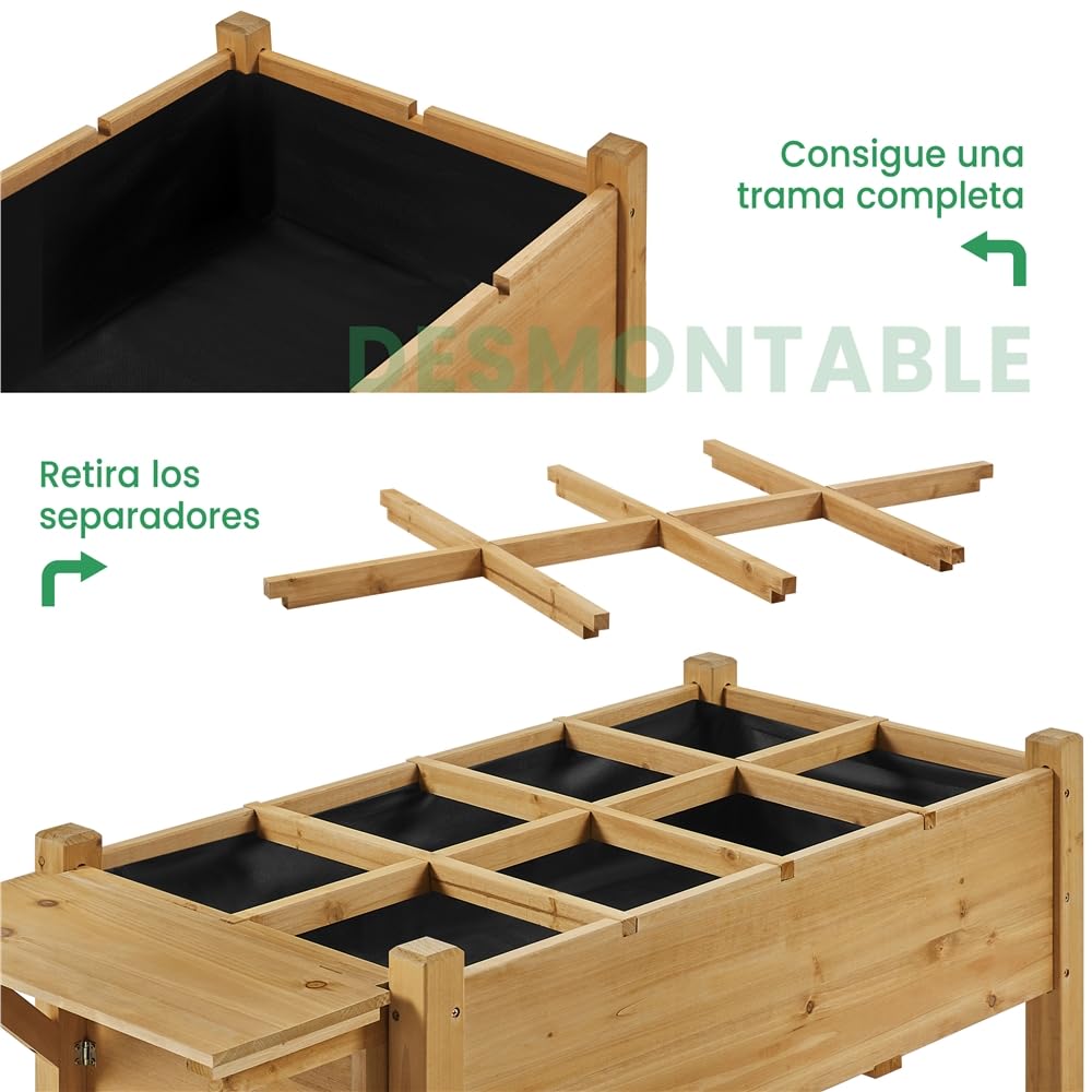 Yaheetech Huerto Urbano con Estante 123,5x54x80cm Macetero Jardinera Elevada de Madera Abeto con Rejillas de Cultivo Extraíbles y Forro Interior de Tela para Jardín/Terraza/Balcón Marrón Claro