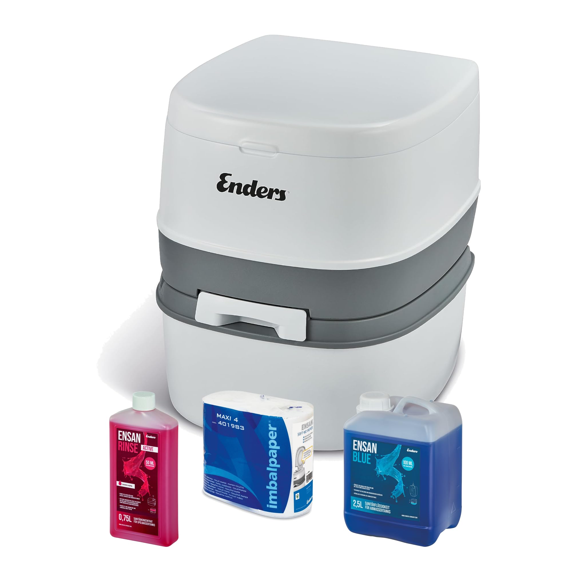 Enders Campingtoilette SUPREME Blue Set - komfortable Höhe - hoch - inkl. 0,75L Sanitärflüssigkeit + 2,5L Blue Abwasserflüssigkeit + WC Papier (leicht löslich) - Chemietoilette - mobile Toilette weiß