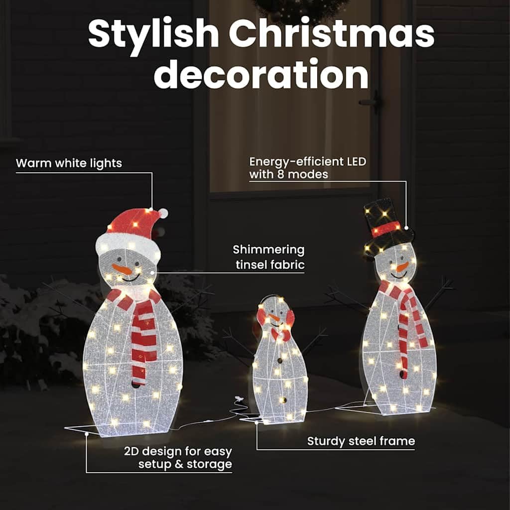vidaXL Familia de Muñecos de Nieve Iluminados 3 pcs Cálido Poliéster, Sala, Decoraciones de Invierno USB Modernas, Adornos navideños, Luces Festivas y Figuras para el Exterior
