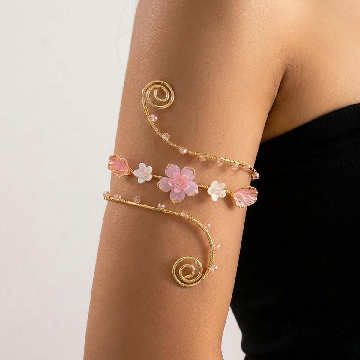 Gold Wire Wrapped Upper Arm Cuff Bracelet for Women Adjustable Boho Floral Ocean Theme Arm Band Lily Cherry Blossom Seashell Starfish Butterfly Arm Jewelry Wedding Beach Summer Party Accessories image 2