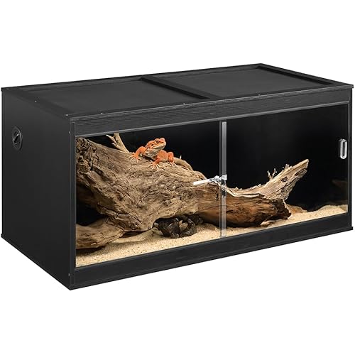 unipaws 110 Gallon Reptile Tank for Lizards, Bearded Dragon Enclosure Terrarium, Large Stackable Cage with Glass Sliding Doors and Lock and Cable Port, Black