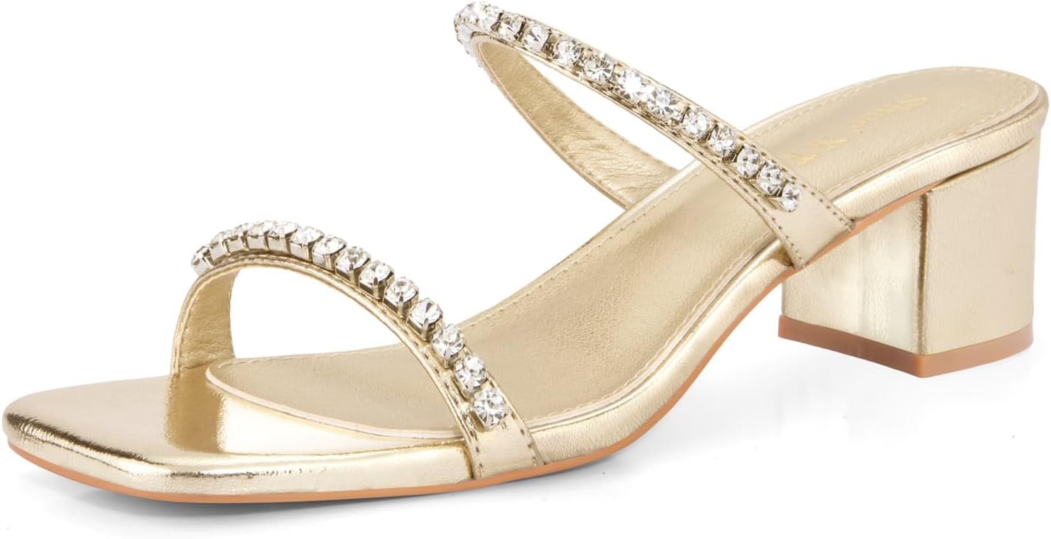 Shoe'N Tale Strappy Heels for Women Square Open Toe Two Strap Low Block Heel Slip on Dressy Sandals Shoes 7.5 Gold Rhinestone