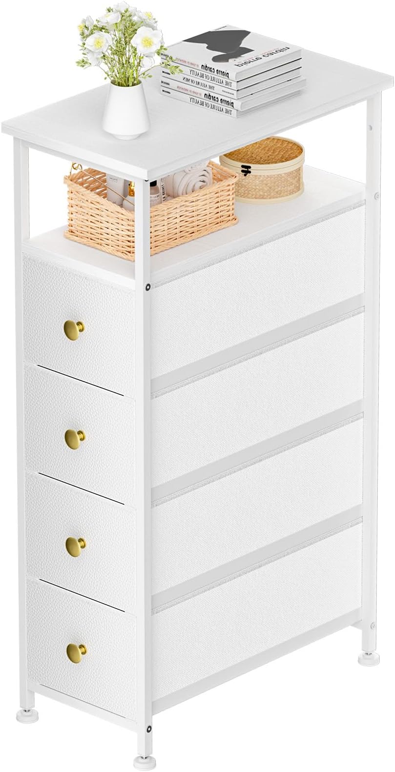 Narrow Dresser for Bedroom, Slim Dresser Storage Tower, Chest of 4 Fabric Drawers with Wood Shelf, Bathroom Organizers and Storage for Small Spaces, Laundry, Closet, White