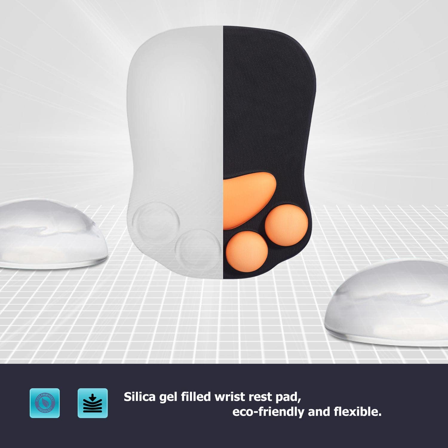 DOBAOJIA Tappetino Mouse con Poggiapolsi, Mouse Pad Ergonomico, Tappetino per Mouse con Zampa di Gatto Carino, in Morbido Silicone, Base Antiscivolo, per casa/ufficio/gioco, Nero e Arancia