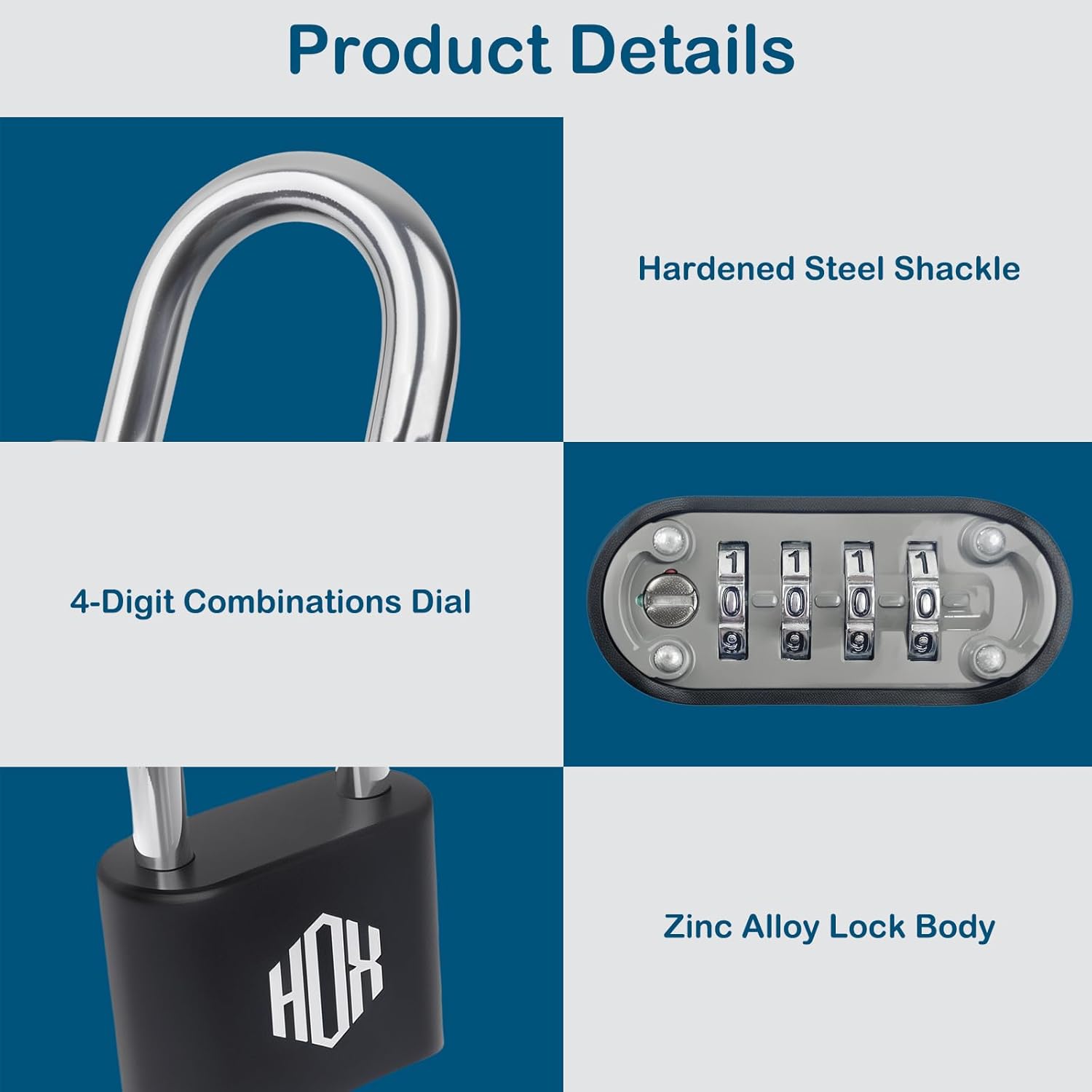 HOX 4 Digit Combination Lock Outdoor Padlock - Heavy Duty Locker Lock with Hardened Steel Shackle, Waterproof Combo Lock for Gym Locker, Hasp Storage, Shed, Fence (Black, 4 Pack)