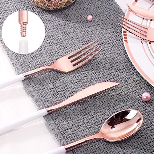 I00000 144 Pcs Disposable Rose Gold Plastic Silverware, Flatware With White Handle, Rose Gold Plastic Cutlery Includes: 48 Forks, 48 Knives And 48 Spoons #TOP5