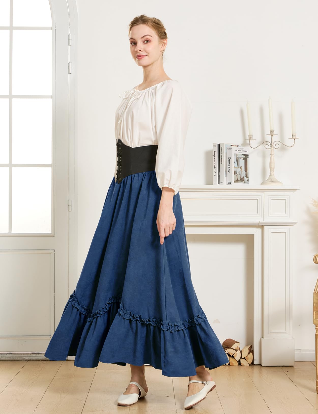 BEAUTELICATE Mittelalter Rock Damen Lang Vintage Maxirock A-Linie mit Taschen Viktorianische Rüsche Weitrock für Wikinger Cosplay LARP Faschings Kostüme