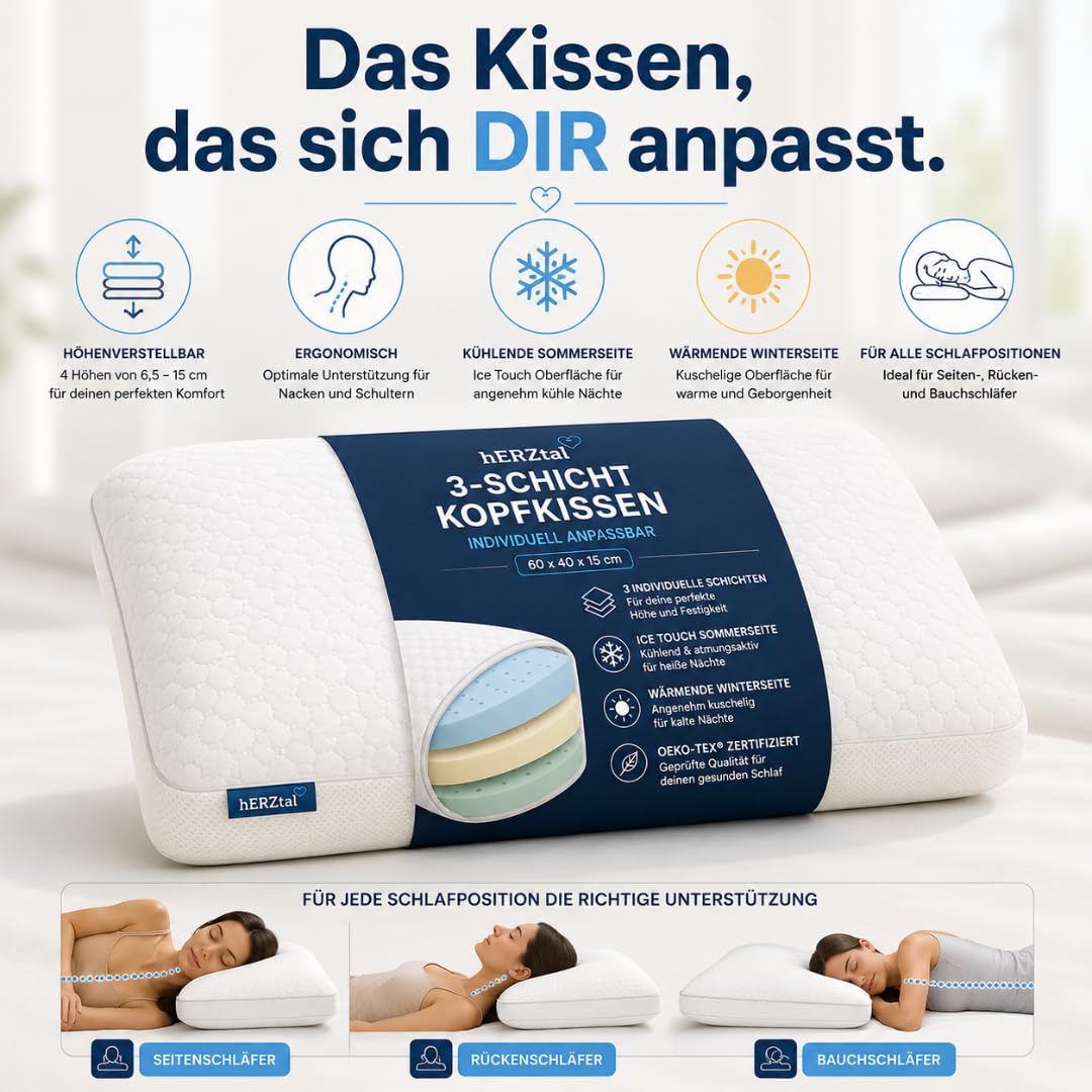 Ergonomisches Kopfkissen 40x60 cm Höhenverstellbar – Orthopädisches Nackenkissen mit Sommer- & Winterseite – Memory Foam Kissen für Seiten-, Rücken- & Bauchschläfer – Oeko-TEX