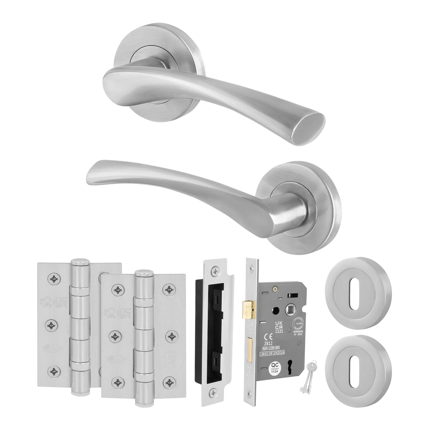 EAI Satin Nickel Key Lock Door Handle Set | Round Internal Door Handles, Sash Lock, Hinges (76mm) & 2 Escutcheons | Satin Nickel Novoli Range — image 1