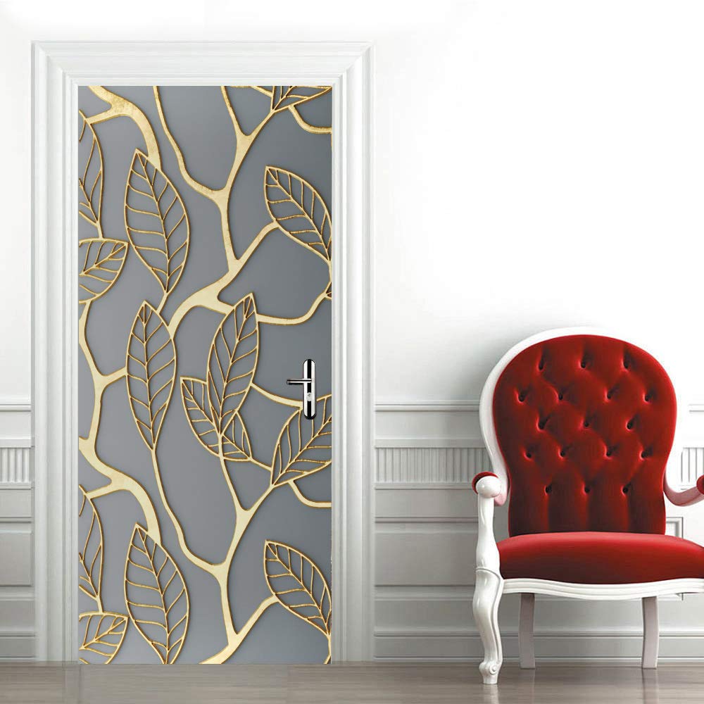 Sticker porte étanche et amovible 63x205 cm effet 3D Foglie Grigie