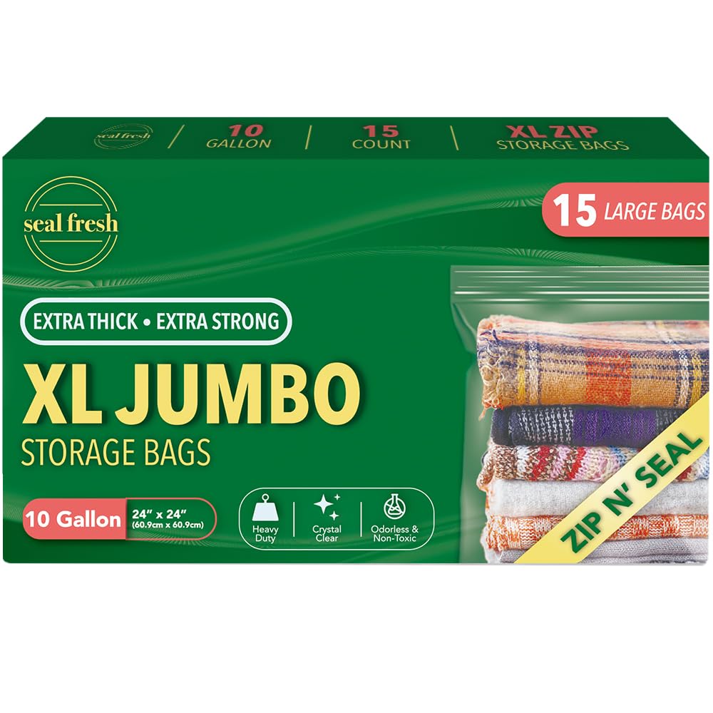 10 Gallon Large Plastic Storage Bags 24 x 24 15 Count Reusuable XXL Extra Large Heavy Duty Clear