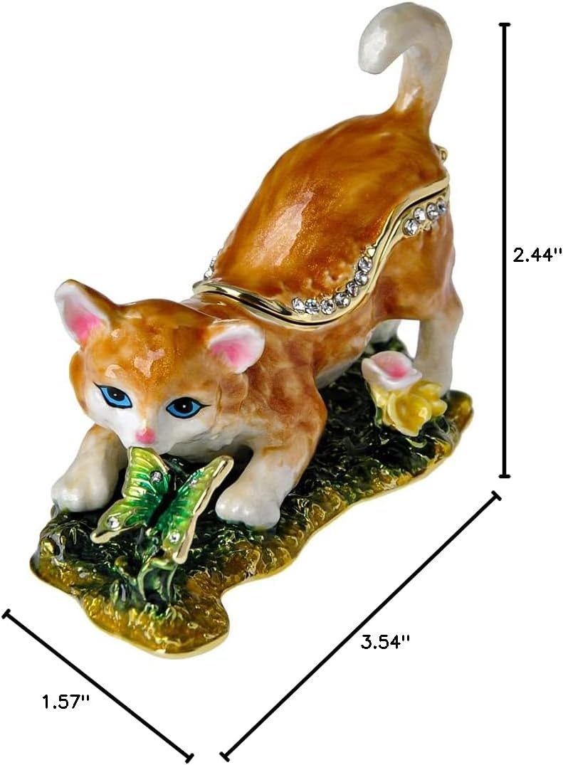 Cat Trinket Box with Golden Jewelry Enamel Design, Animal Home Décor & Gift for Cat Lovers