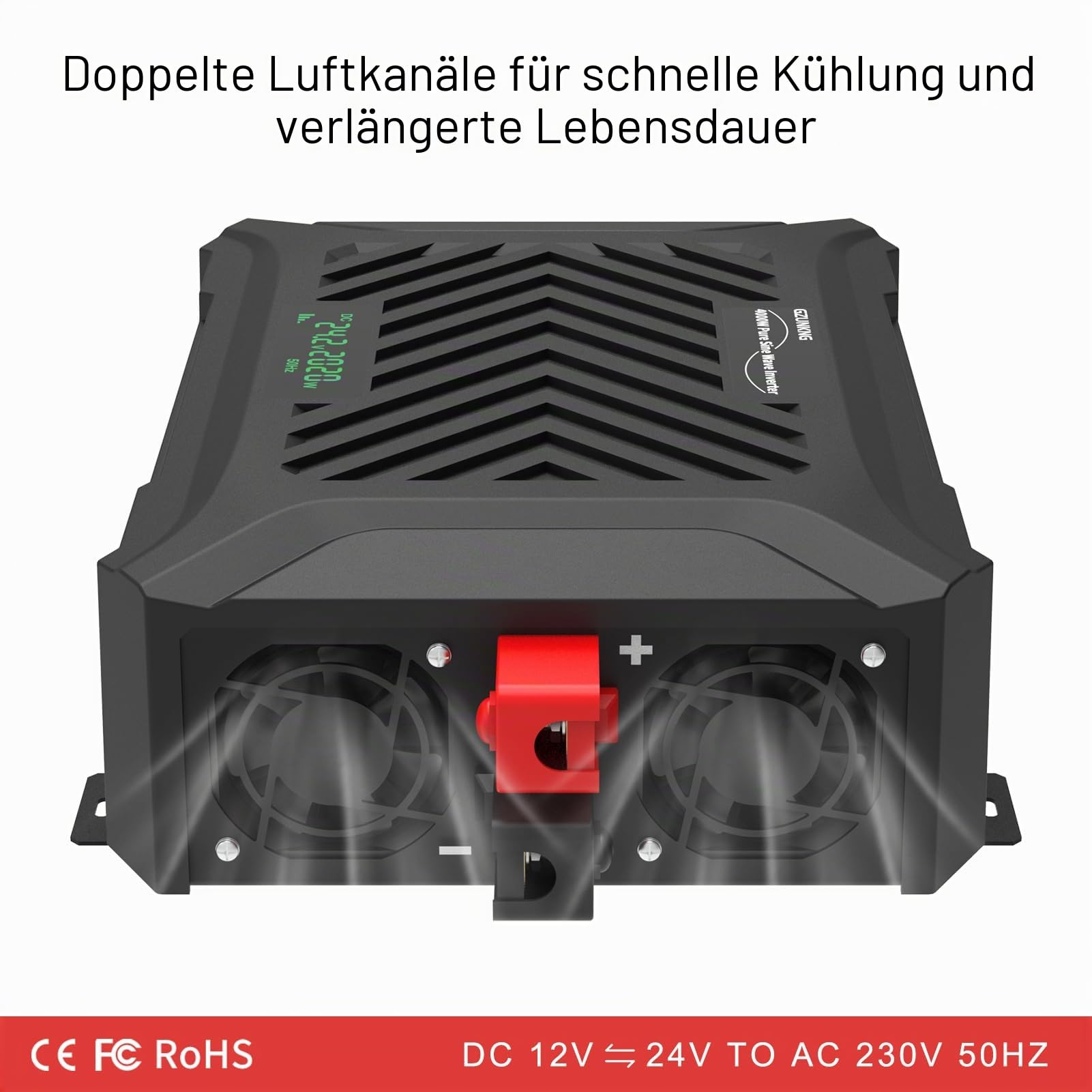 Dual Voltage Wechselrichter 12V/24V auf 230V Reiner Sinus Universal Dualer Spannungswandler 2000W/2000W, Automatische intelligente Erkennung von 12V/24V, Spitzenleistung 4000W/4000W.