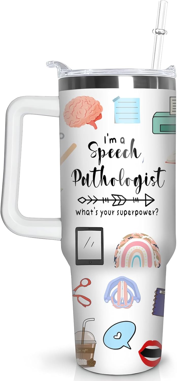 Speech Therapy Tumbler with Handle SLP Travel Coffee Mug Cups Speech Language Pathology Tumblers with Lid and Straw Stainless Steel Insulated Speech Pathologist Therapist Gifts for Women