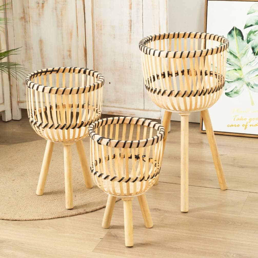 GANAZONO Woven Plant Stand Rattan Plant Pot on Wooden Standing Legs Wicker Planter Pot Tall Plant Holder Flower Riser Holder Plant Display Rack for Home