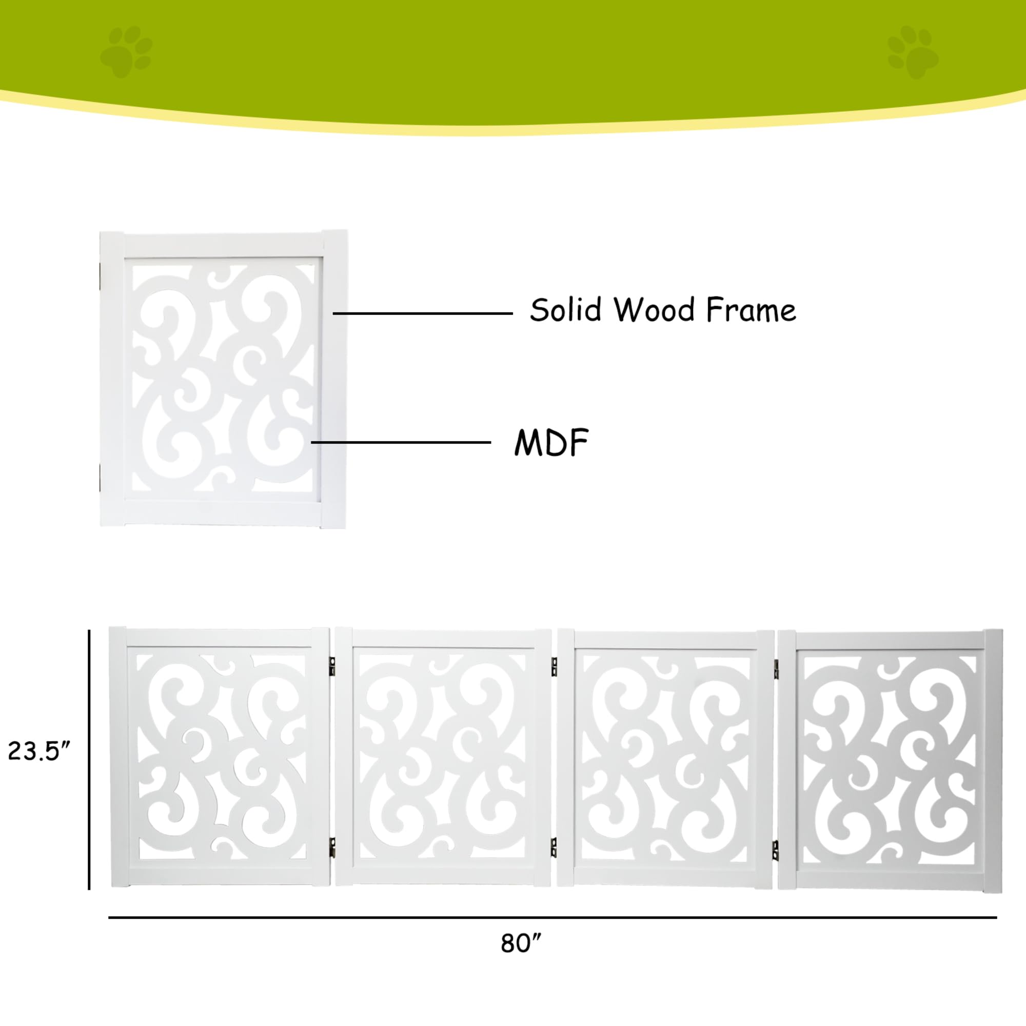 Ashfield & Harkness: 4-Panel Pet Gate - Scroll White - Wooden Foldable Freestanding Dog Fence, 80 x 23.5, Doorways-Halls-Stairs, 360 Rotated Hinges - 4