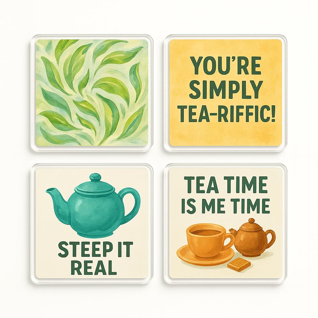 The Plum Penguin Tea Art Whimsy Acrylic Coaster Gift Set Of 4 With Playful Tea Puns - Whimsical Tea Art For Tea Lover Kitchen Decor