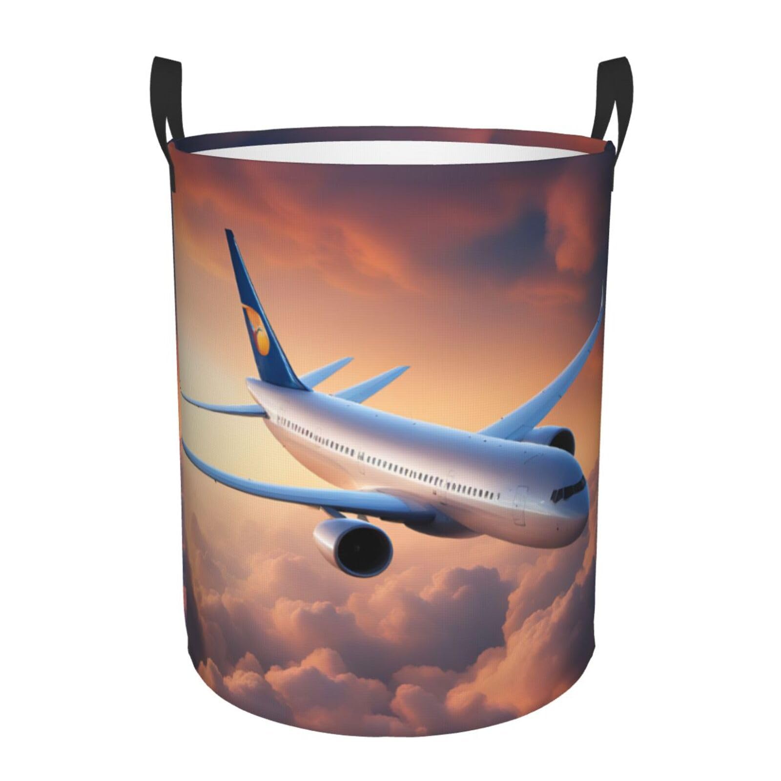 M Collapsible Laundry Hamper Round Beautiful Sky Airplane Print Storage