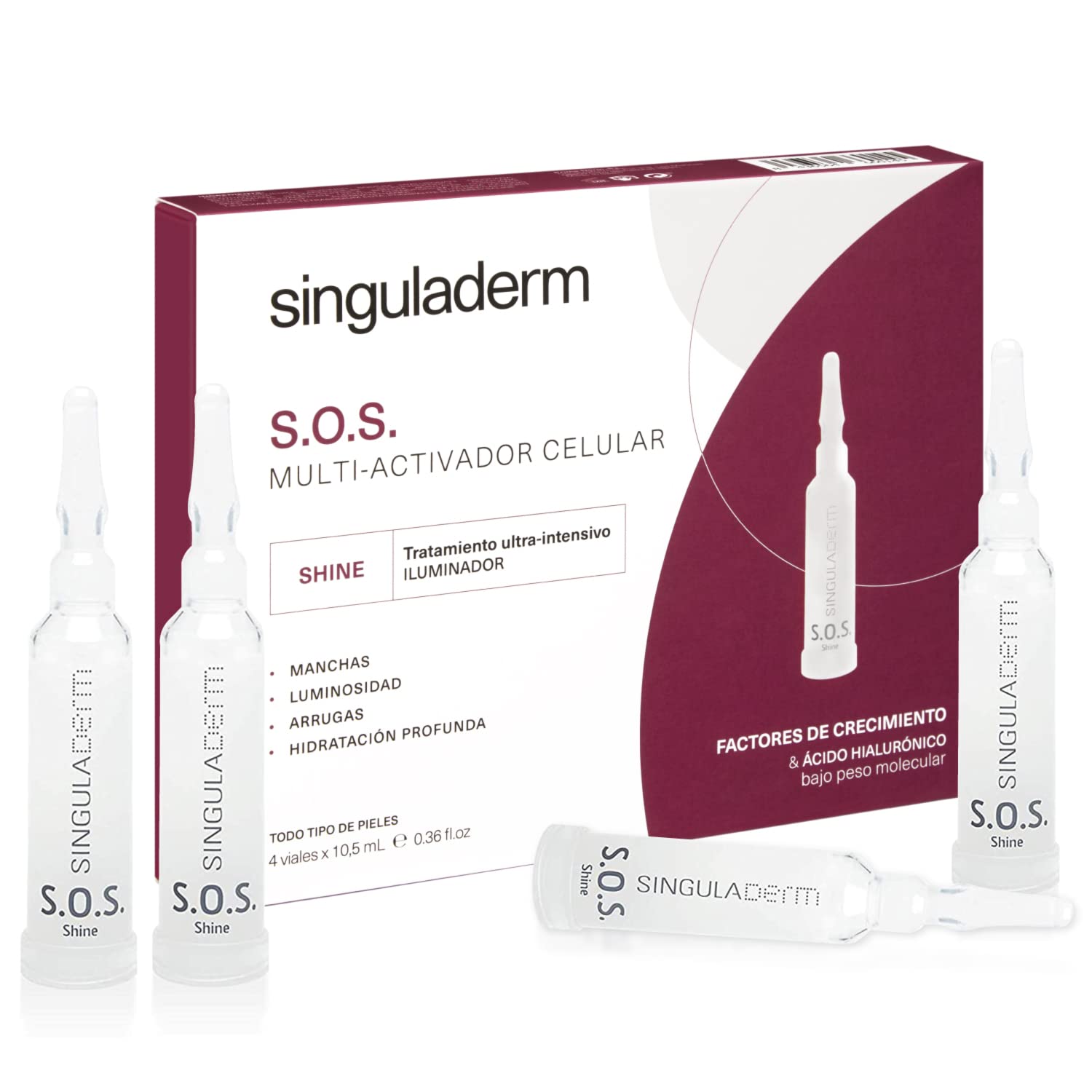 Singuladerm - S.O.S Shine 4 viales x 10,5 ml cada uno - Sérum antiedad con Factores de Crecimiento Naturales y Ácido Hialurónico para piel con manchas