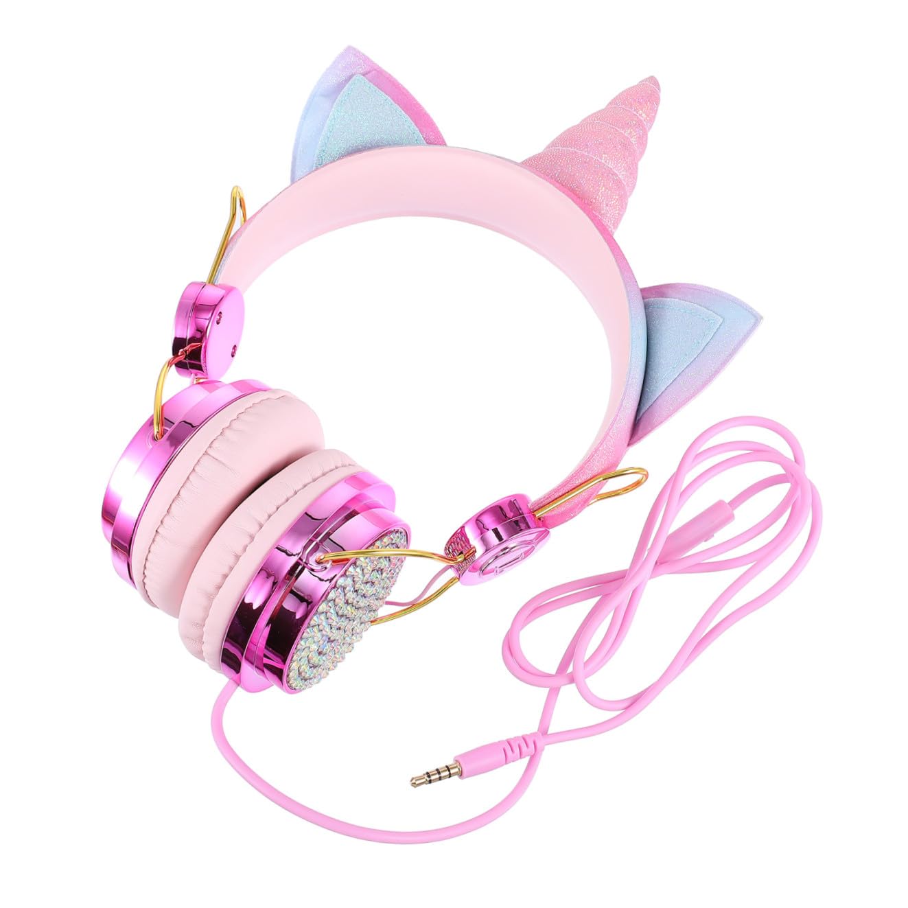 Uonlytech Cuffie Over Ear a Forma di Gatto e Unicorno, Strass, Microfono e Controllo Volume, Cavo 1,2m per Smartphone e Tablet