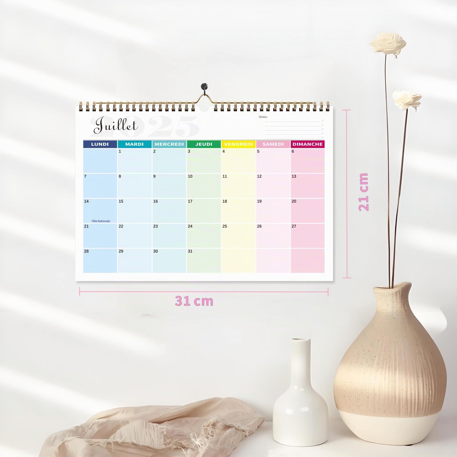 Calendrier 2026 Mural Coloré 18 Mois 31 x 21cm Familial Juillet 2025 à Décembre 2026 Mensuel