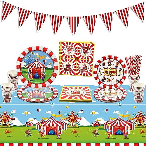 Décorations de fête de carnaval, comprenant drapeau, nappe, assiettes en papier, serviettes, Décorations de fête de cirque pour les fêtes d'anniversaire des enfants, garçons et filles, pour 20