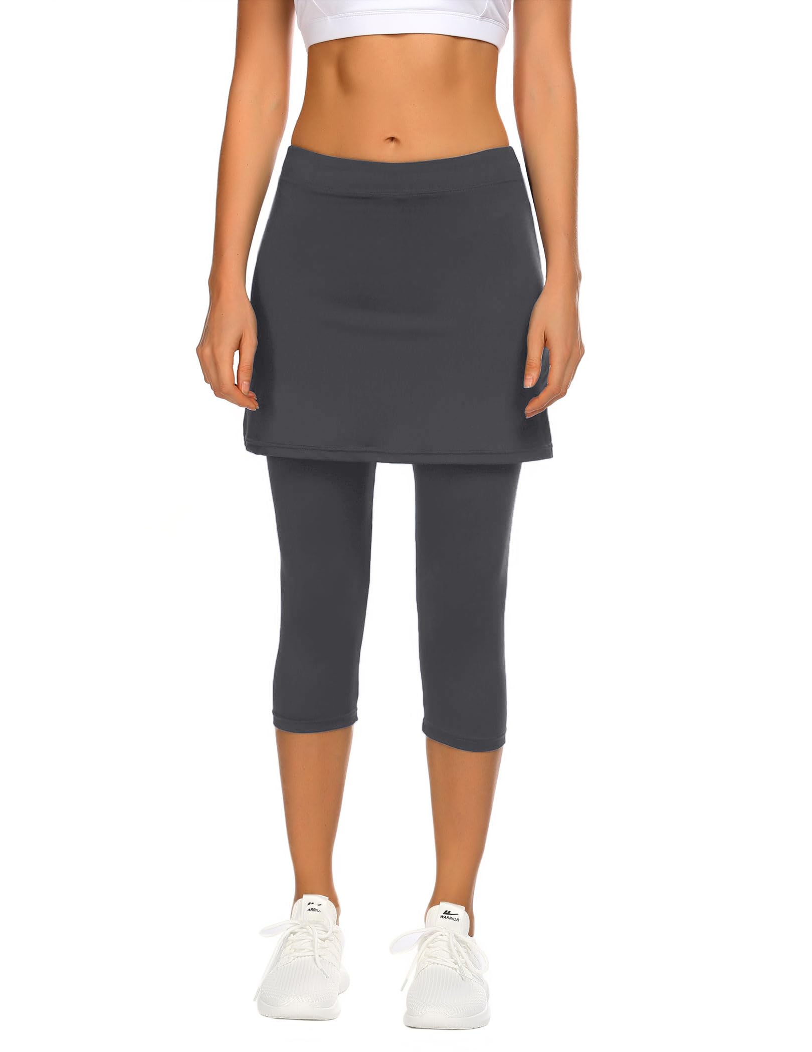 PINSPARK Tennisrock Damen Hohe Taille Rock mit Hose Drunter Knielang Hosenrock 2 in 1 Laufen Skort Engen Capris Gym 3/4 Yoga Pants mit Taschen und Kopfhöreranschluss
