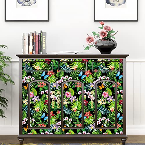Wallderful Green/Black Contact Paper Tropical Floral Wallpaper Peel And Stick Bathroom Bedroom Vinyl Green Floral Contact Paper For Cabinets Walls Shelves Vintage Self Adhesive Wallpaper Removable #TOP2