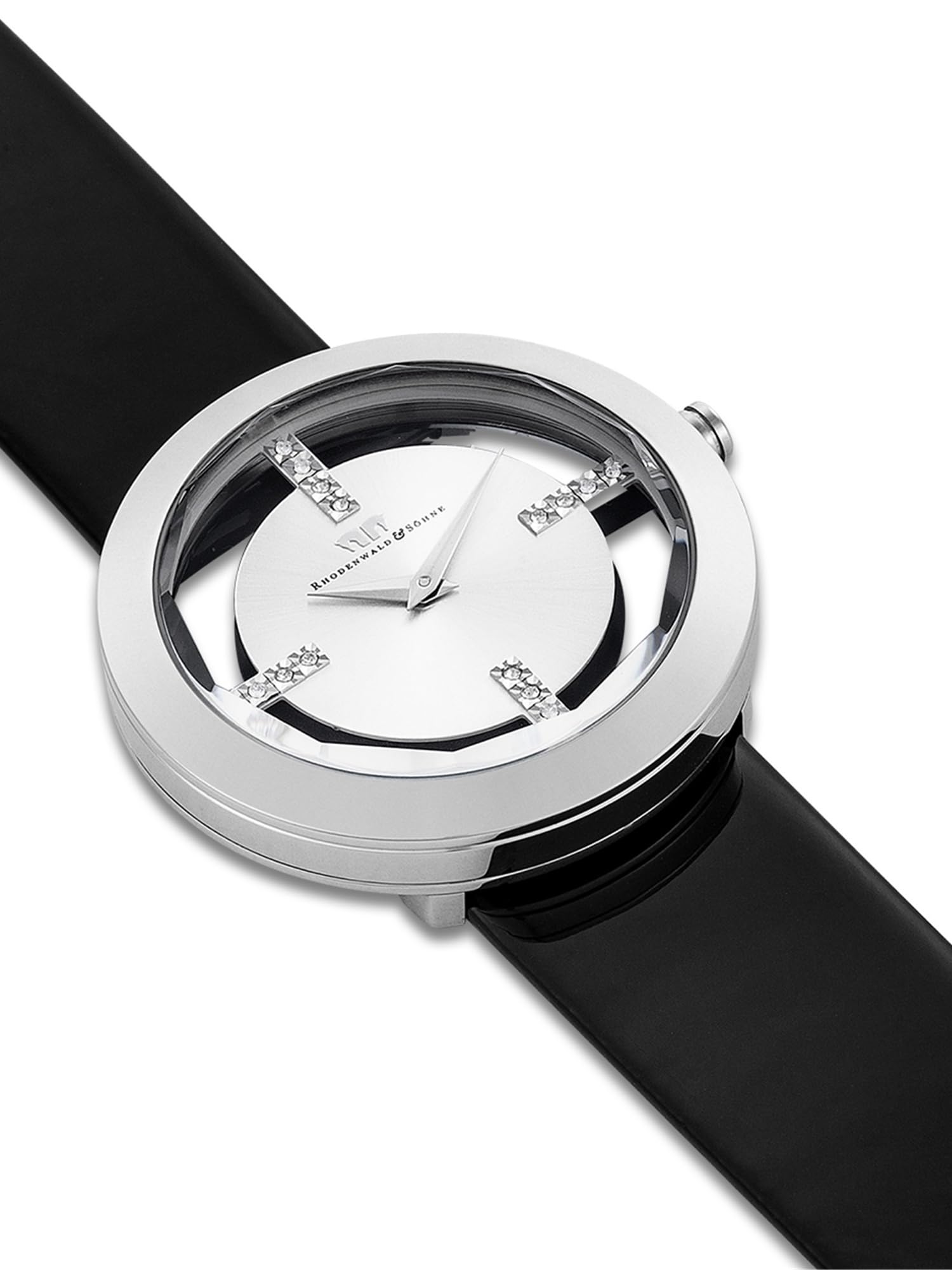 Rhodenwald & Söhne Lucrezia Damenuhr Edelstahl Silber 3 ATM Quarzwerk | verziert mit Kristallen,Echtlederarmband,schwarz,Fashionuhr,analog,Frauen,Skeletonoptik,Mineralglas