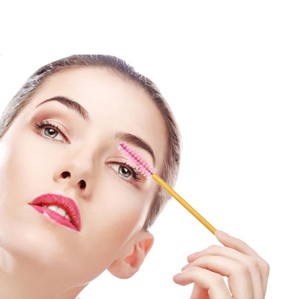 100 Pack Mascara Wands Bulk Disposable Eyelash Brushes Lash Extensions Makeup Brush Applicator Tool Bulk, Gold/Pink 2