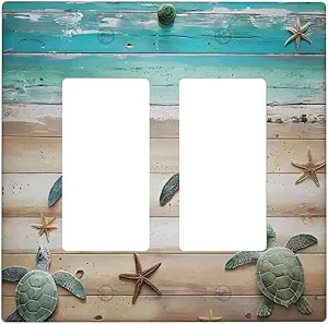 Decorative Outlet Covers Turtle Starfish Beaches Blue Wood Plank 2 Gang Wall Plate Double Rocker Two Switch Wall Cover Plate Jumbo Dual Gfci Faceplate for Bathroom Decor