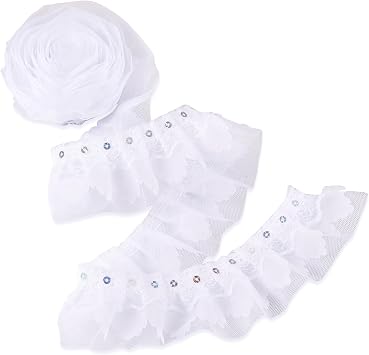 2M Satin Organza Lace Edge Trim 2-Layer Pleated Chiffon Lace Ribbon White Lace Edging Trimmings Ribbon for Wedding Applique, Sewing Bridal Dress Bag Costume Decoration DIY Crafts