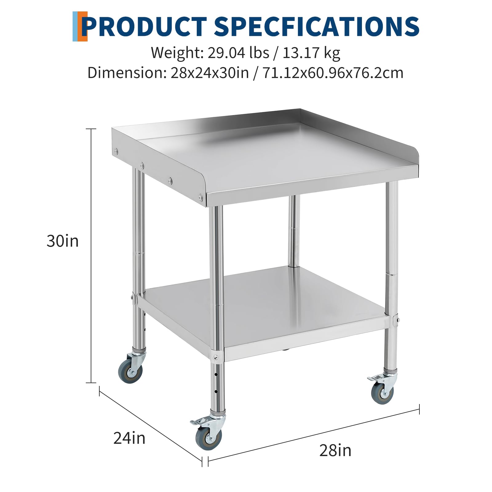 Carro de mesa de preparación de acero inless certificado NSF con ruedas, capacidad pesada de 400 libras, Bacplash extraíble, patas adyubles, 28 x 24 x 30 pulgadas, ideal para cocina al aire libre y