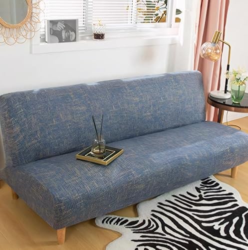 Topchances Armless Sofa Bed Cover, Polyester Spandex Futon Slipcover, Anti-Slip Elastic Full Folding Couch Sofa Universal Fitted Sofa Bed Slipcover Furniture Cover Protector (Linen Blue)