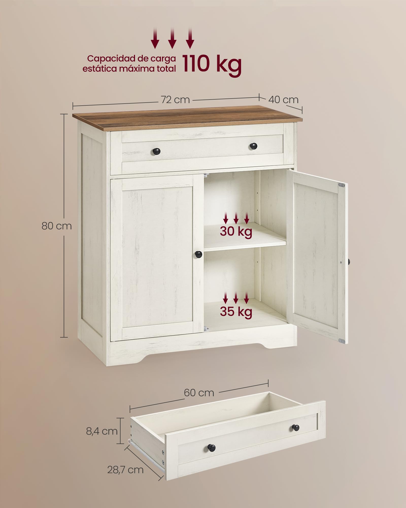 VASAGLE Siren Colección - Aparador, Armario Almacenaje, con Cajón y Estante Ajustable, Doble Puerta, Rincón de Café, 40 x 72 x 80 cm, Blanco Rústico LSC521WJ01
