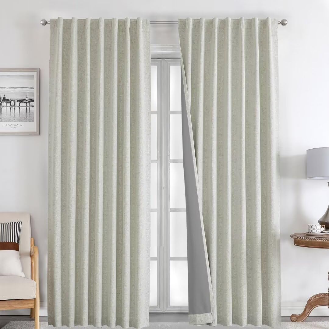 Joydeco 100% Black Out Curtains 108 inch Long 2 Panels Burg Natural Blackout Linen Drapes for Bedroom Living Room Darkening Curtain Thermal Insulated Back tab Rod Pocket(37x108 inch,Light Beige)