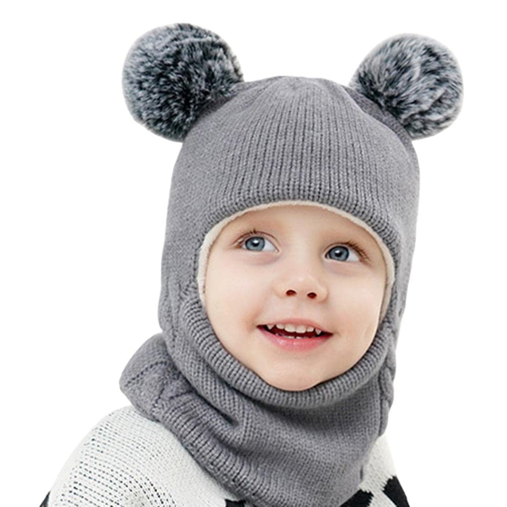 Kids Winter Hat Scarf Set Unisex Toddler Fleece Lined Beanie Hat Neck Warmer One Piece Warm Knitted Covering Ears Neck Grey