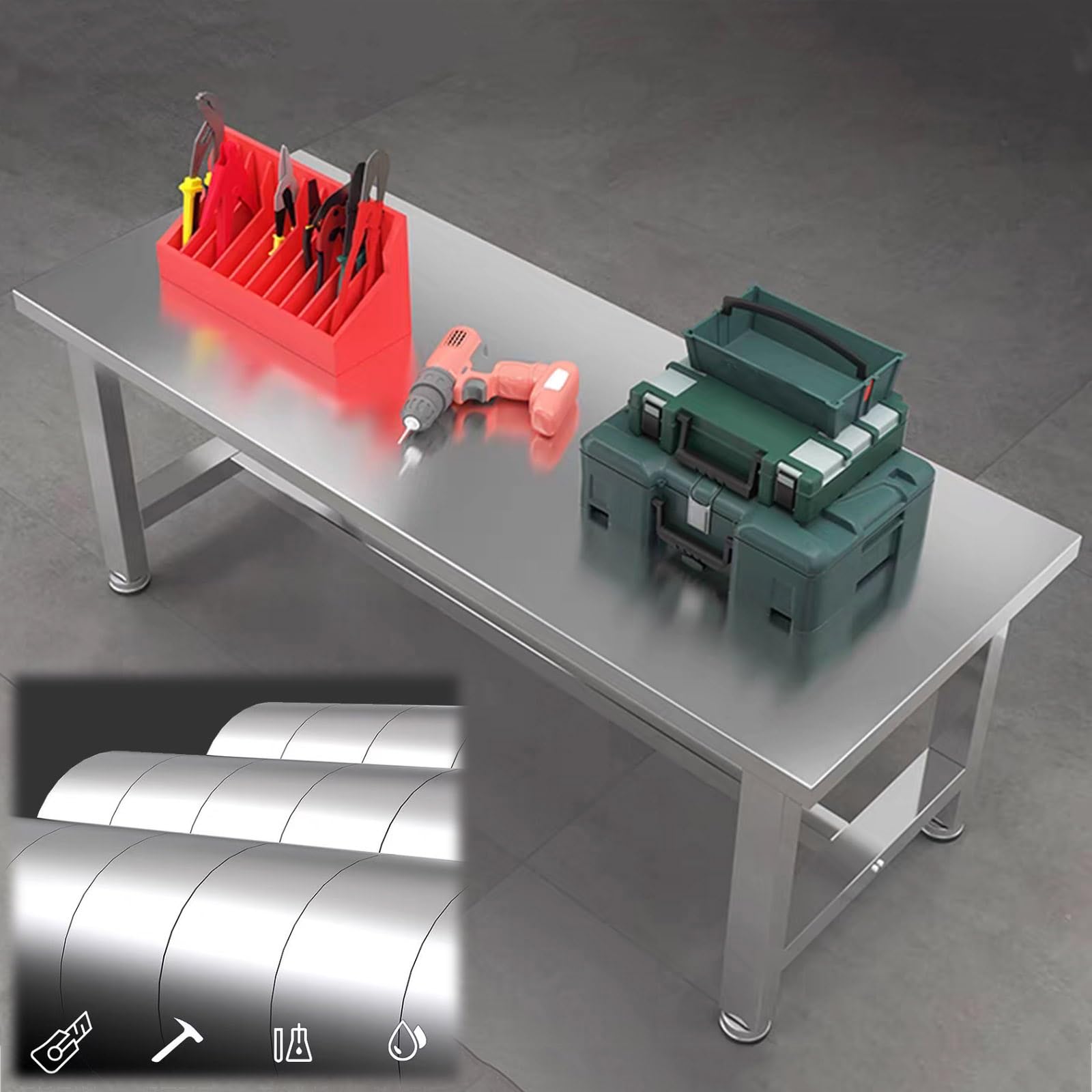 Tavolo da lavoro in acciaio inox resistente con piedini regolabili, tavolo da imballaggio multifunzionale, facile da installare, impermeabile e antiruggine, ideale per fabbriche