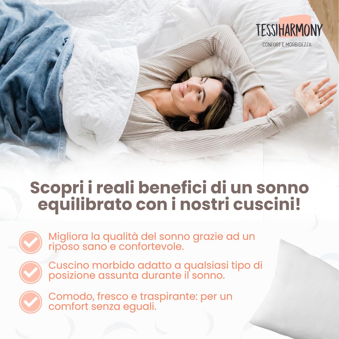 tessiharmony® Coppia Cuscini Letto Matrimoniale 50x80 per Dormire Guanciali Rettangolari Morbidi e Comodi Anallergici Antiacaro Traspiranti Imbottitura Standard di Qualità Artigianale Made in Italy