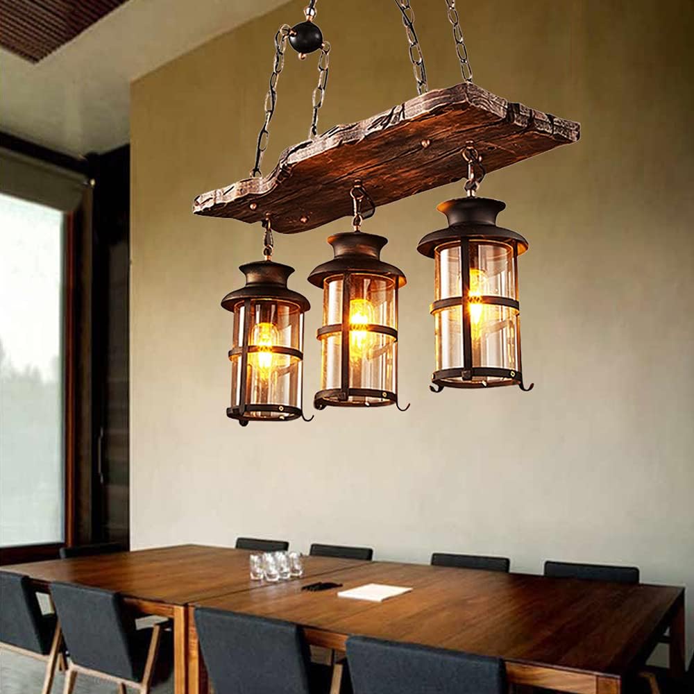 3Light Rustic Kitchen Island Pendant Lamp Farmhouse Wood Iron