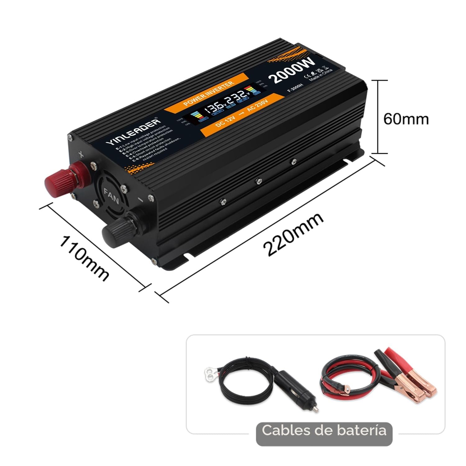 Yinleader Inversor de Corriente 12v 220v 900W Transformador LCD 2 USB - Negro