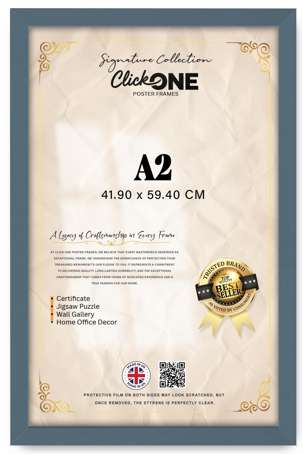 Click One — Classic Rectangle Poster Frame A2 (41.90 X 59.40 CM) | Medium Wall Frame With Stylish Solid MDF Border For Photos And Artwork — 23 X 16 Inch Frame Dark Grey Easy To Hang
