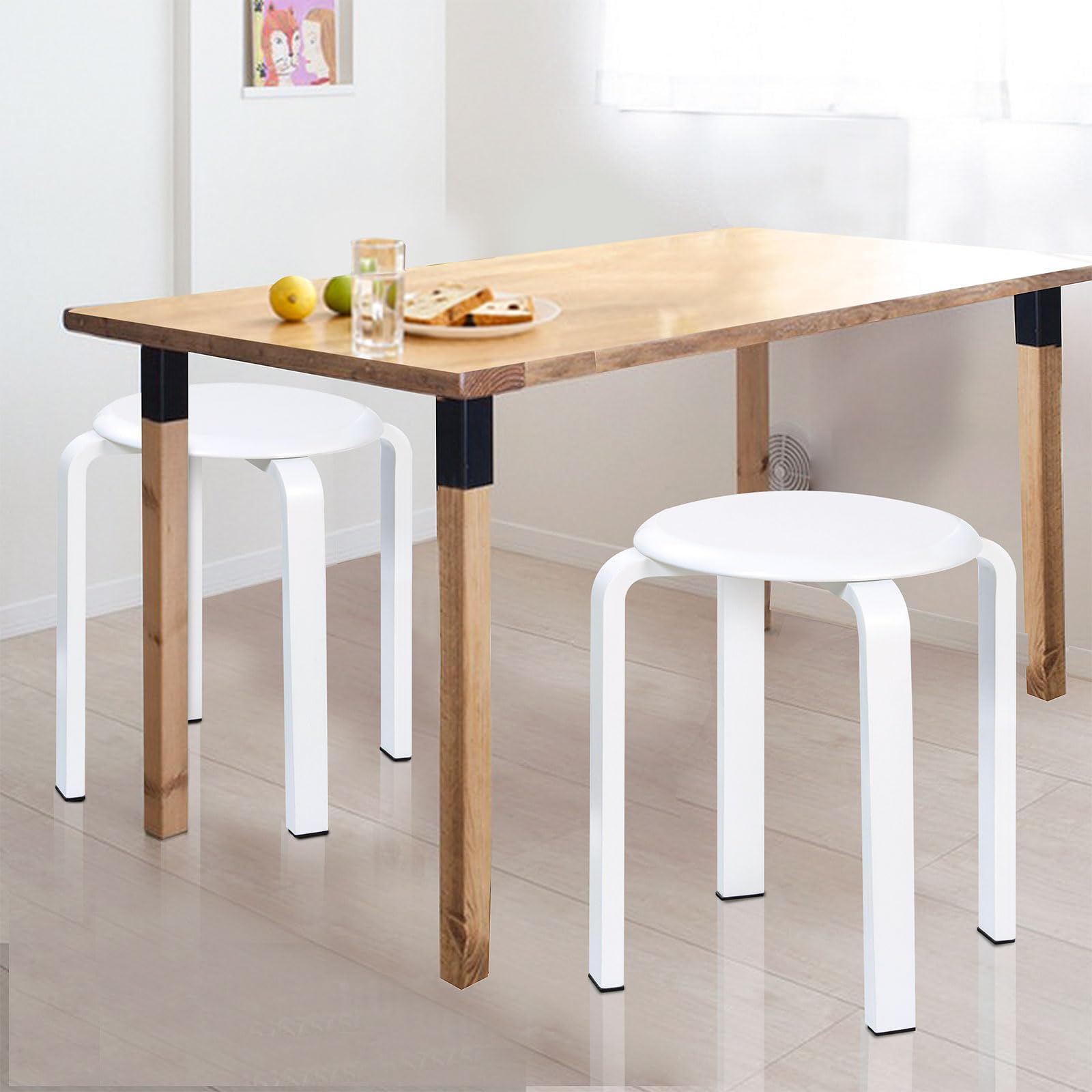 Yawinhe 42cm Taburetes Redondos de Madera,2 Pack Taburete Apilable,Blanco | Sillas de Cocina,Taburetes de Bar Silla,Apilable de Madera Antideslizante,Taburete Pequeño para Comedor,Escuela