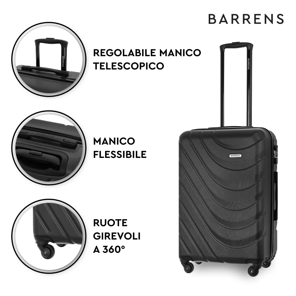 BARRENS Valigia media | Bagaglio da stiva | 67x46x26 cm | 63 L | Valigia da viaggio Cipher Lock | Ruote 4x360 | Custodia rigida | Compatibile con le compagnie aeree | Nero