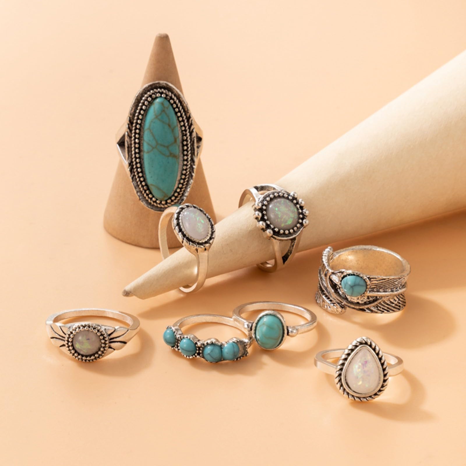 Juego de 8 anillos bohemios para nudillos para mujer, anillo de dedo turquesa ovalado vintage, ópalo, piedras preciosas, lágrima, midi, paquete de anillos punk, hoja punk, joyería diaria 5