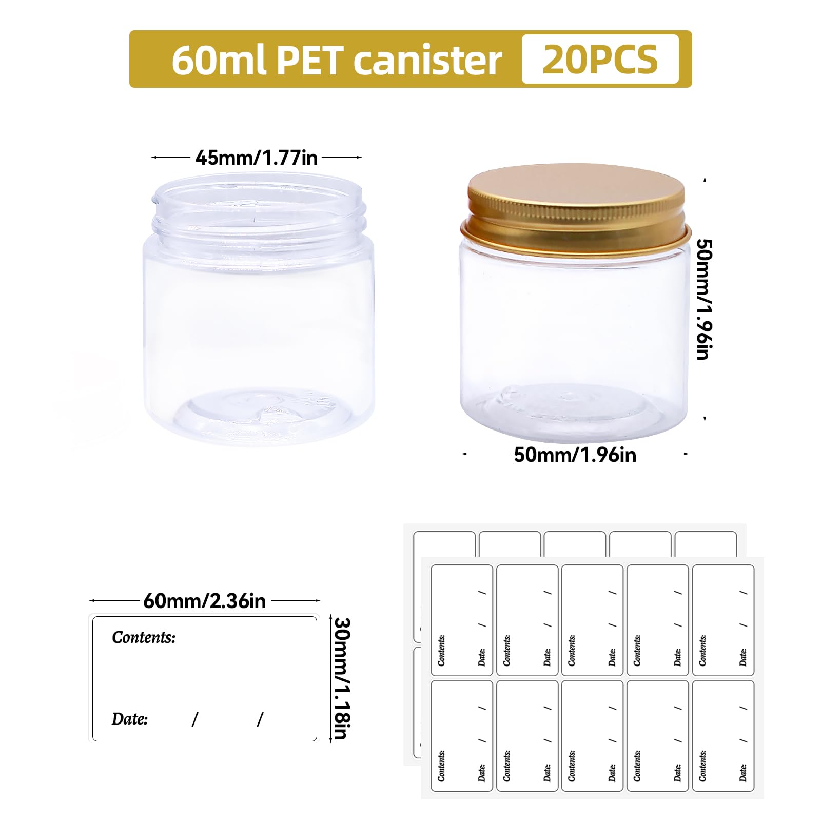 20 barattoli per crema da riempire, 60 ml, contenitori trasparenti con coperchio ed etichetta, contenitore